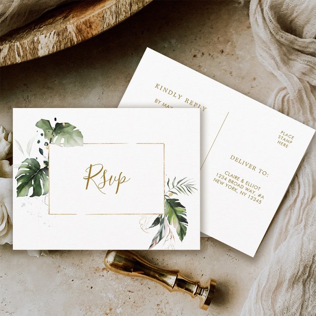 Tropical Watercolor Foliage Gold Wedding RSVP Invitation Postcard (Front & Back)