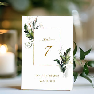 Tropical Watercolor Foliage Gold Wedding Table Number