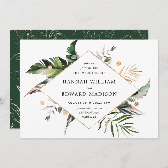 Tropical Watercolor Foliage Green Gold Wedding Invitation (Front/Back)