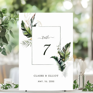 Tropical Watercolor Foliage Green Wedding Table Number