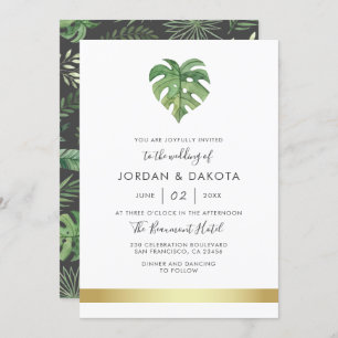 Tropical Watercolor Foliage   Modern Gold Wedding Invitation