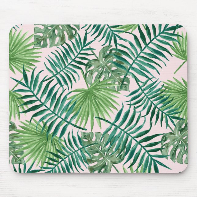 Tropical Watercolor Foliage on Blush Pink Mouse Pad (Front)