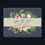 Tropical watercolor foliage script save the date announcement postcard<br><div class="desc">Beautiful modern Tropical watercolor foliage save the date postcard. Part of a summer wedding celebration collection. Navy backer can be changed.</div>