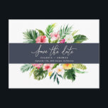 Tropical watercolor foliage script save the date announcement postcard<br><div class="desc">Beautiful modern Tropical watercolor foliage save the date postcard. Part of a summer wedding celebration collection. Colour can be changed.</div>