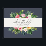Tropical watercolor foliage script save the date announcement postcard<br><div class="desc">Beautiful modern Tropical watercolor foliage save the date postcard. Part of a summer wedding celebration collection. Navy backer can be changed.</div>