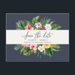 Tropical watercolor foliage script save the date announcement postcard<br><div class="desc">Beautiful modern Tropical watercolor foliage save the date postcard. Part of a summer wedding celebration collection. Navy backer can be changed.</div>
