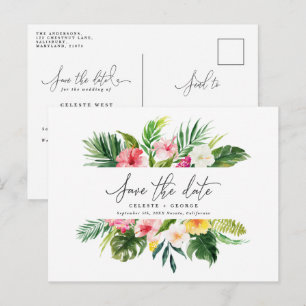 Tropical watercolor foliage script save the date announcement postcard