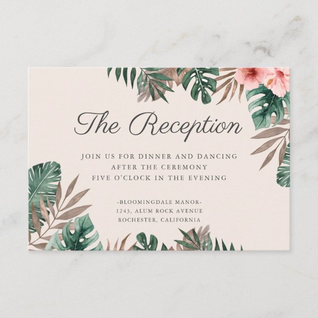 Tropical Watercolor Foliage Wedding Reception Enclosure Card (Front)