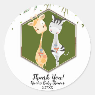 Tropical Watercolor Giraffe & Zebra Baby Shower Classic Round Sticker