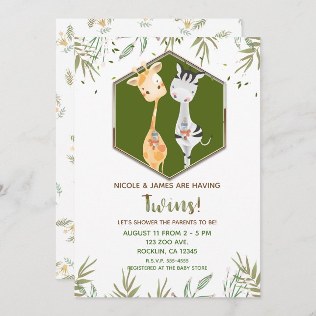 Tropical Watercolor Giraffe & Zebra Baby Shower Invitation (Front/Back)