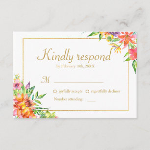 Tropical Watercolor Gold  Frame Wedding RSVP Card