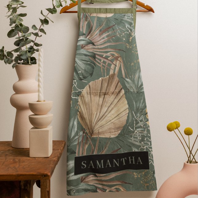 Tropical Watercolor Gold & Green Leaves Pattern  Apron (Creator Uploaded)