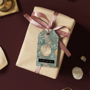 Tropical Watercolor Gold & Green Leaves Pattern Gift Tags