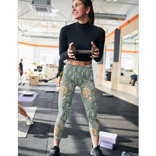 Tropical Watercolor Gold & Green Leaves Pattern Leggings