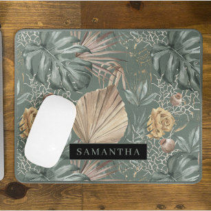 Tropical Watercolor Gold & Green Leaves Pattern  Mouse Pad