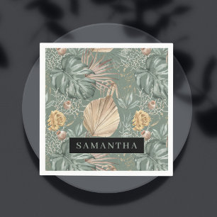 Tropical Watercolor Gold & Green Leaves Pattern Napkin