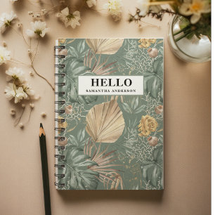 Tropical Watercolor Gold & Green Leaves Pattern  Notebook