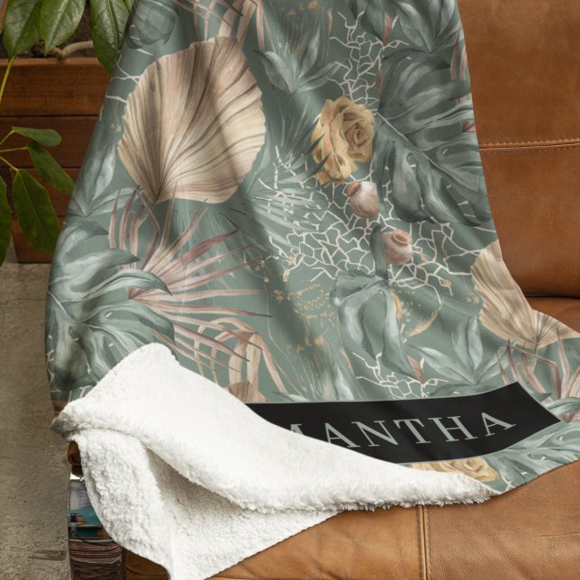 Tropical Watercolor Gold & Green Leaves Pattern  Sherpa Blanket (Creator Uploaded)
