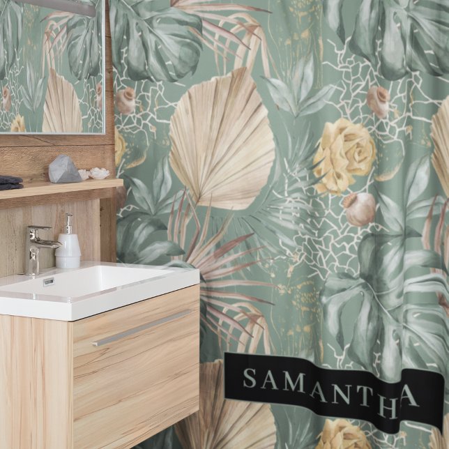 Tropical Watercolor Gold & Green Leaves Pattern  Shower Curtain (Creator Uploaded)