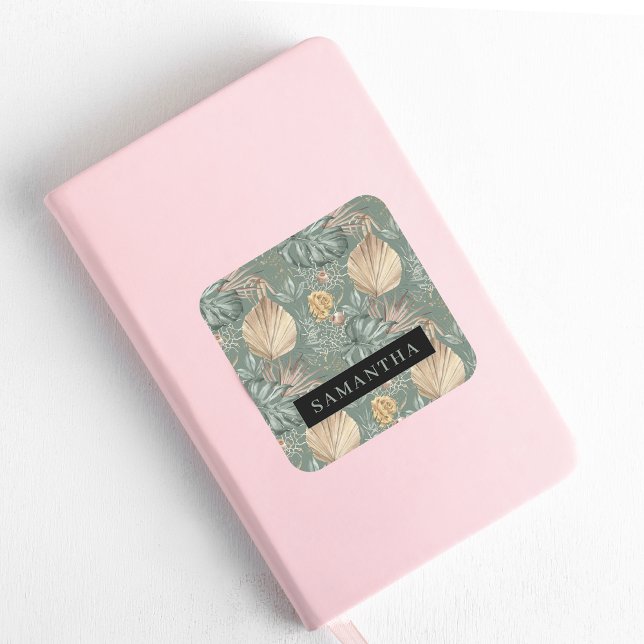 Tropical Watercolor Gold & Green Leaves Pattern  Square Sticker (Creator Uploaded)