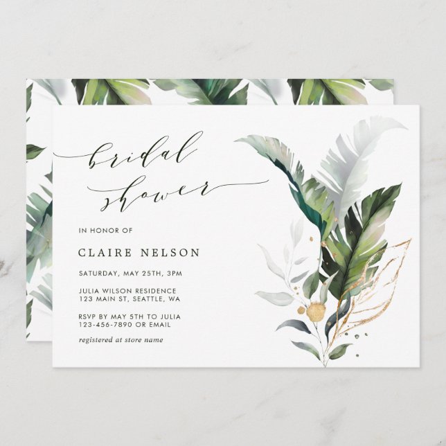 Tropical Watercolor Green Leaves Bridal Shower Invitation (Front/Back)
