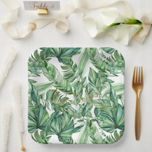 Tropical Watercolor Green Leaves Gold Love (thin) Paper Plate