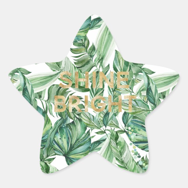 Tropical Watercolor Green Leaves Gold Shine Star Sticker (Front)