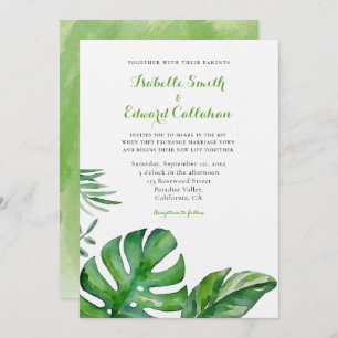 Tropical Watercolor Green Monstera Leaves Wedding  Invitation