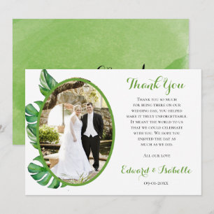 Tropical Watercolor Green Monstera Leaves Wedding Thank You Card