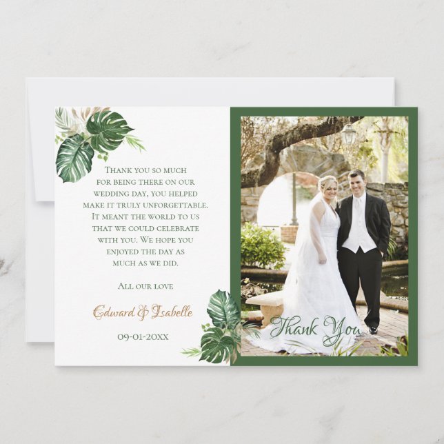 Tropical Watercolor Green Palm Leaves Wedding Thank You Card (Front)