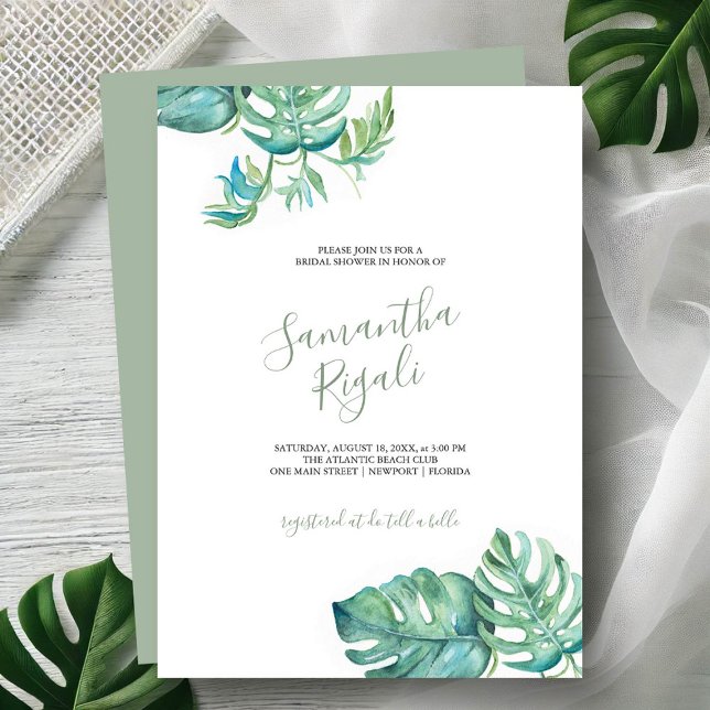 Tropical Watercolor Greenery Bridal Shower Invites (Tropical bridal shower invitations watercolor monstera leaf art Victoria Grigaliunas DoTellABelle)