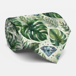 Tropical Watercolor Greenery Leaves with Diamonds Tie