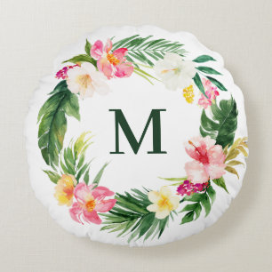 Tropical Watercolor Greenery Wreath Monogram Round Cushion