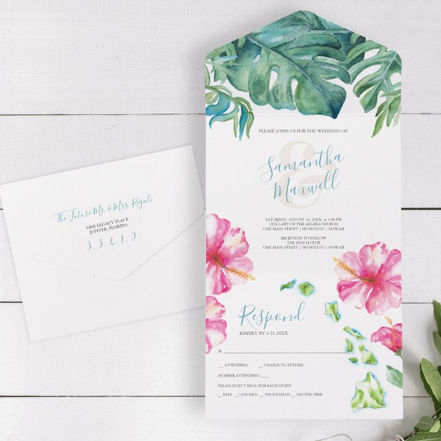 Tropical Watercolor Hawaii Wedding All In One Invitation (All in one destination wedding invitations watercolor Hawaiian islands tropical flowers leaves)