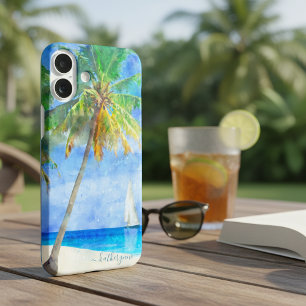 Tropical Watercolor Island Beach Palm Sailboat iPhone XS Max Case