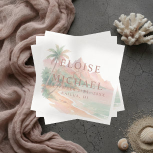 Tropical Watercolor Island Sunset Wedding Napkin
