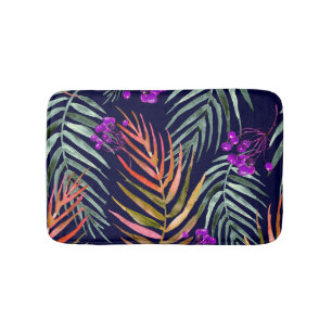 Tropical watercolor leaves, abstract splash. bath mat