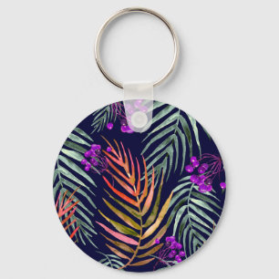 Tropical watercolor leaves, abstract splash. key ring