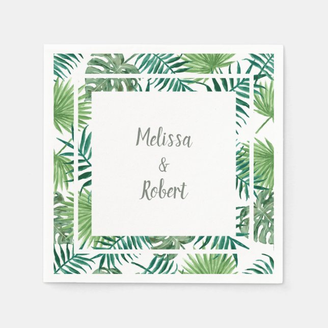 Tropical watercolor leaves bride groom wedding napkin (Front)