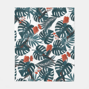 Tropical watercolor, leaves, flowers, hummingbirds fleece blanket