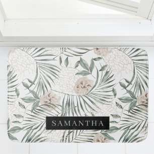 Tropical Watercolor Leaves & Flowers Pattern Bath Mat