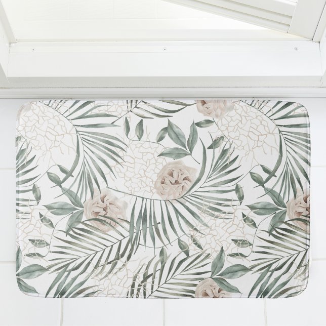 Tropical Watercolor Leaves & Flowers Pattern Bath Mat (Creator Uploaded)