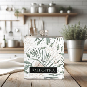 Tropical Watercolor Leaves & Flowers Pattern Hip Flask