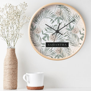 Tropical Watercolor Leaves & Flowers Pattern Round Clock