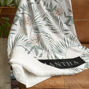 Tropical Watercolor Leaves & Flowers Pattern Sherpa Blanket