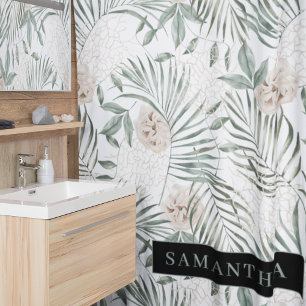 Tropical Watercolor Leaves & Flowers Pattern Shower Curtain