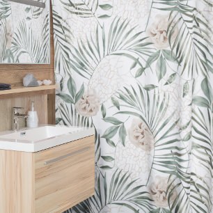 Tropical Watercolor Leaves & Flowers Pattern Shower Curtain
