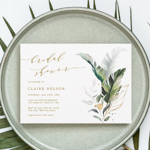 Tropical Watercolor Leaves Gold Bridal Shower Invitation