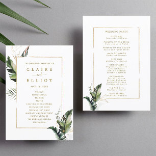 Tropical Watercolor Leaves Gold Wedding Ceremony Program