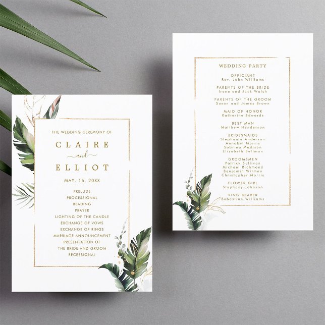 Tropical Watercolor Leaves Gold Wedding Ceremony Program (Front & Back)